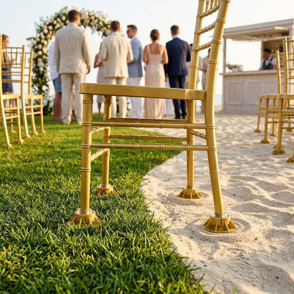 Gold chiavari chair legs fitted with ChairMates chair feet at the boundary of grass and sand