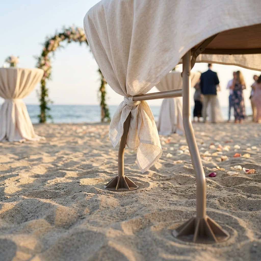 ChairMates table feet keeping a draped table level in beach sand