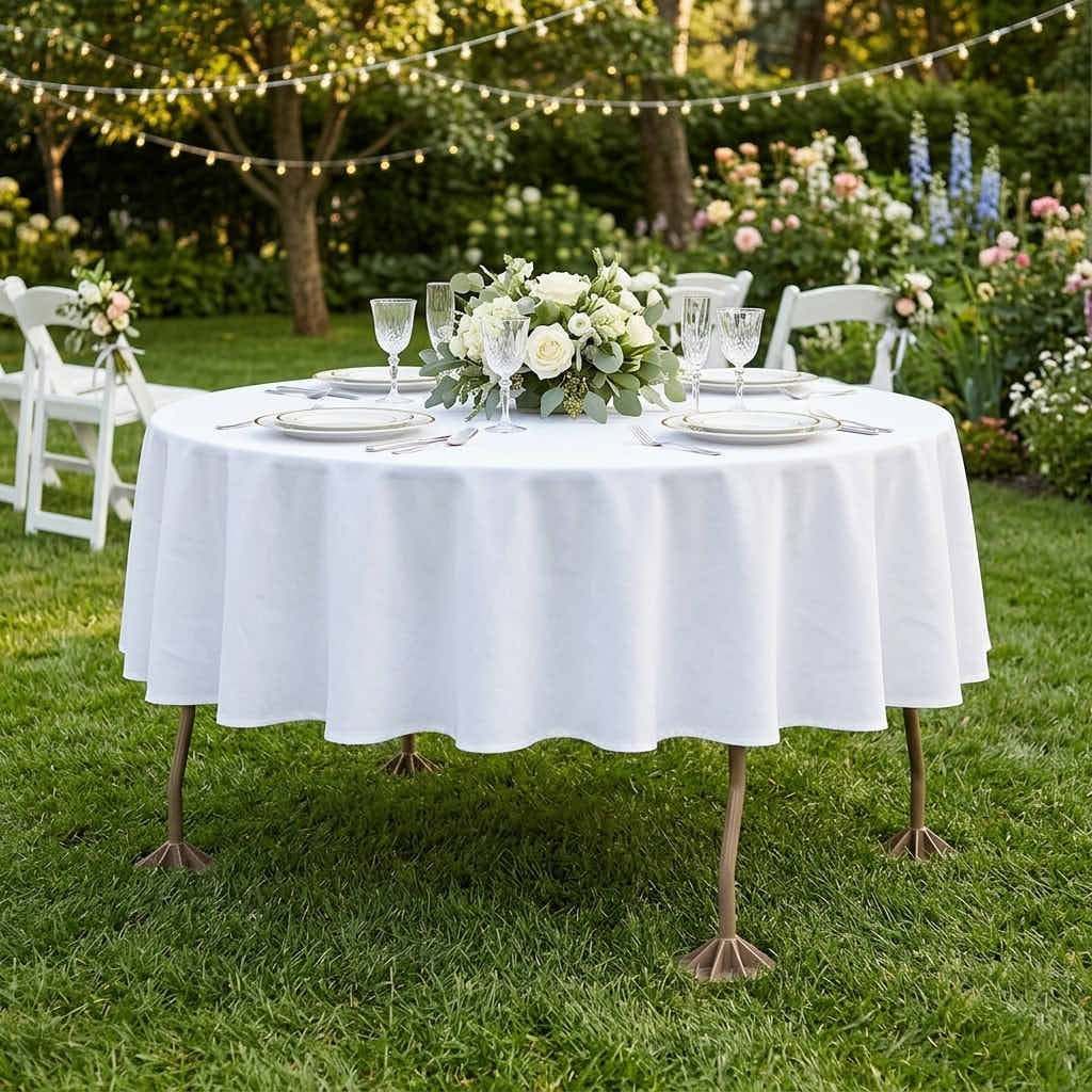 Round linened table on ChairMates table feet at a garden reception