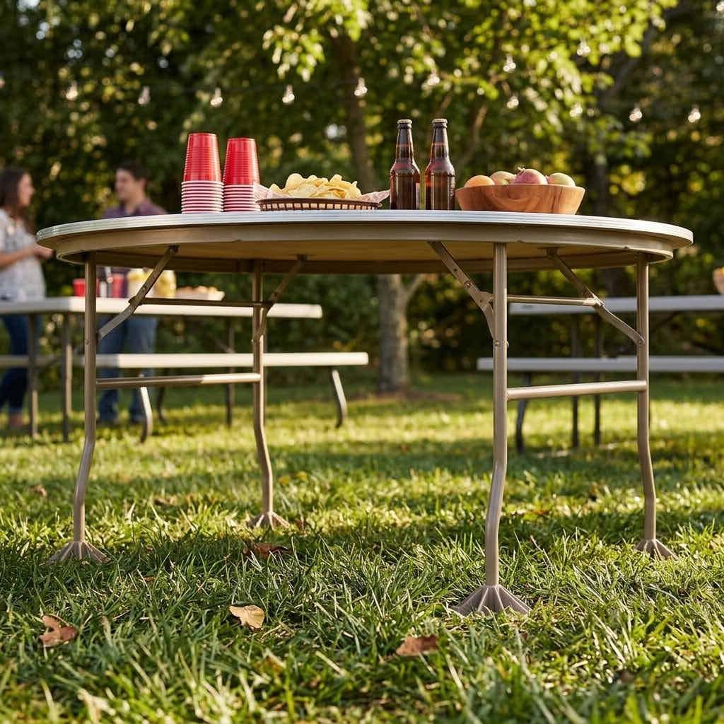 Folding round table on ChairMates table feet at an outdoor gathering