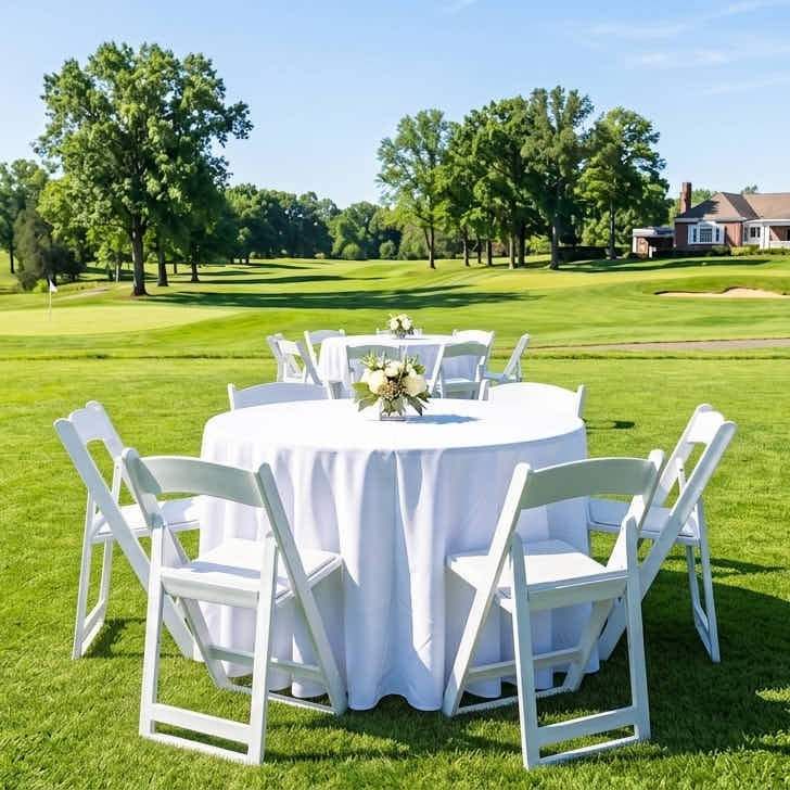 White chairs in a lawn reception setting