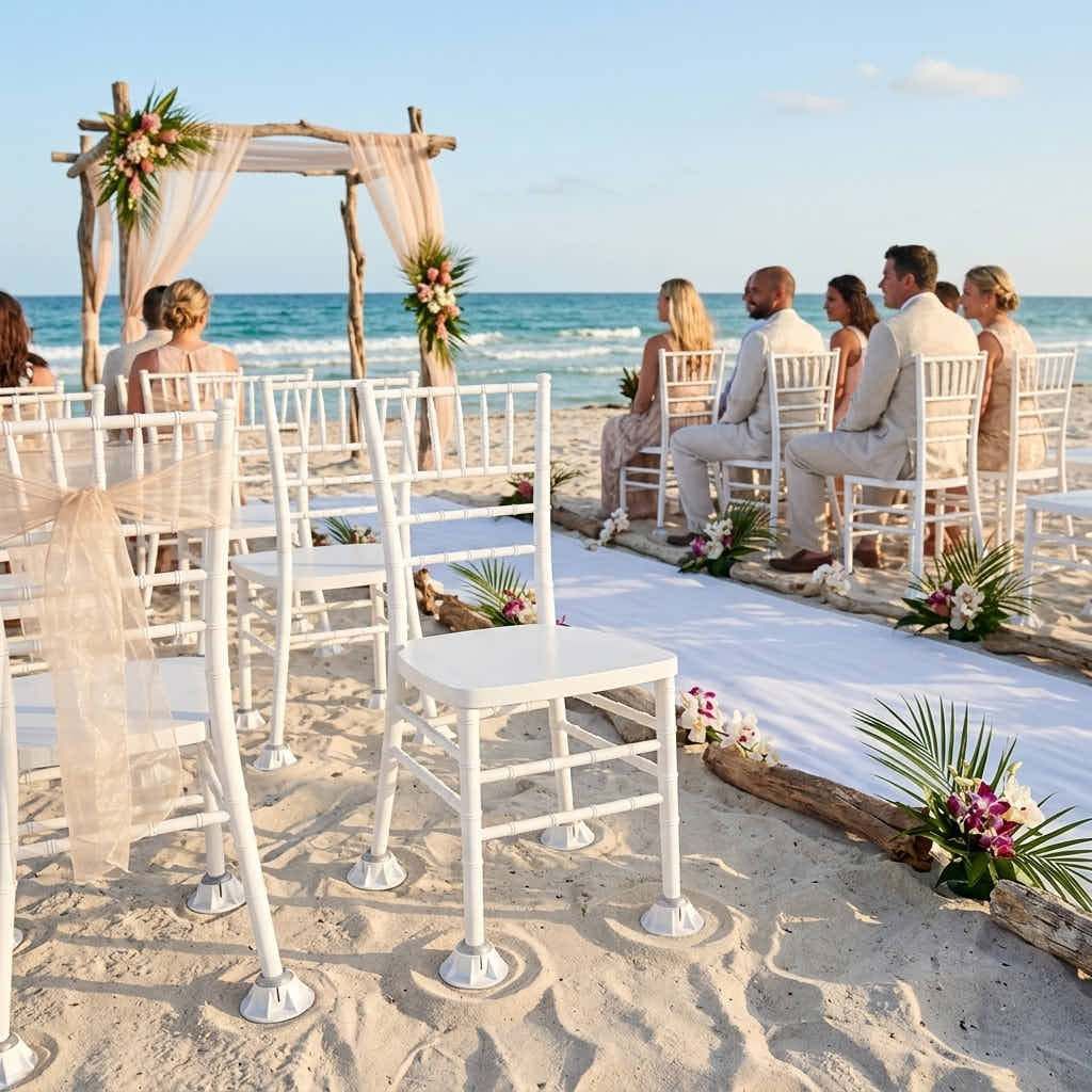 White chiavari chairs on chair feet seated in beach sand at a wedding ceremony