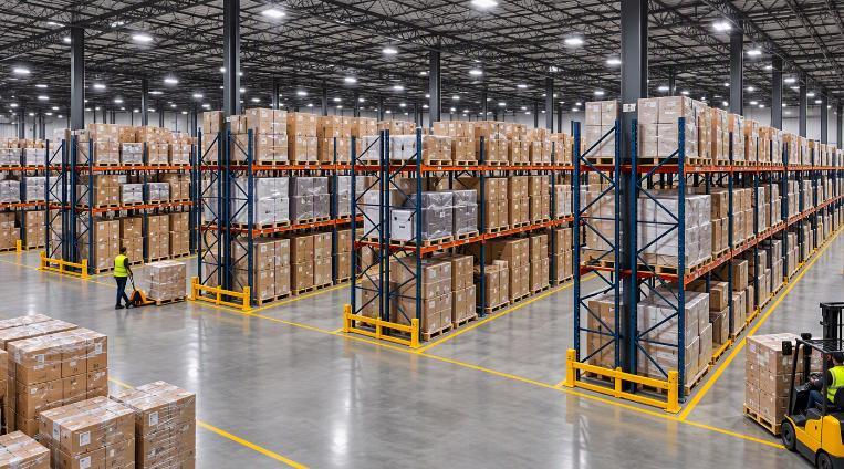 Inside a Furniture Innovations-style distribution warehouse: stocked pallet racking, clean floors and staged orders